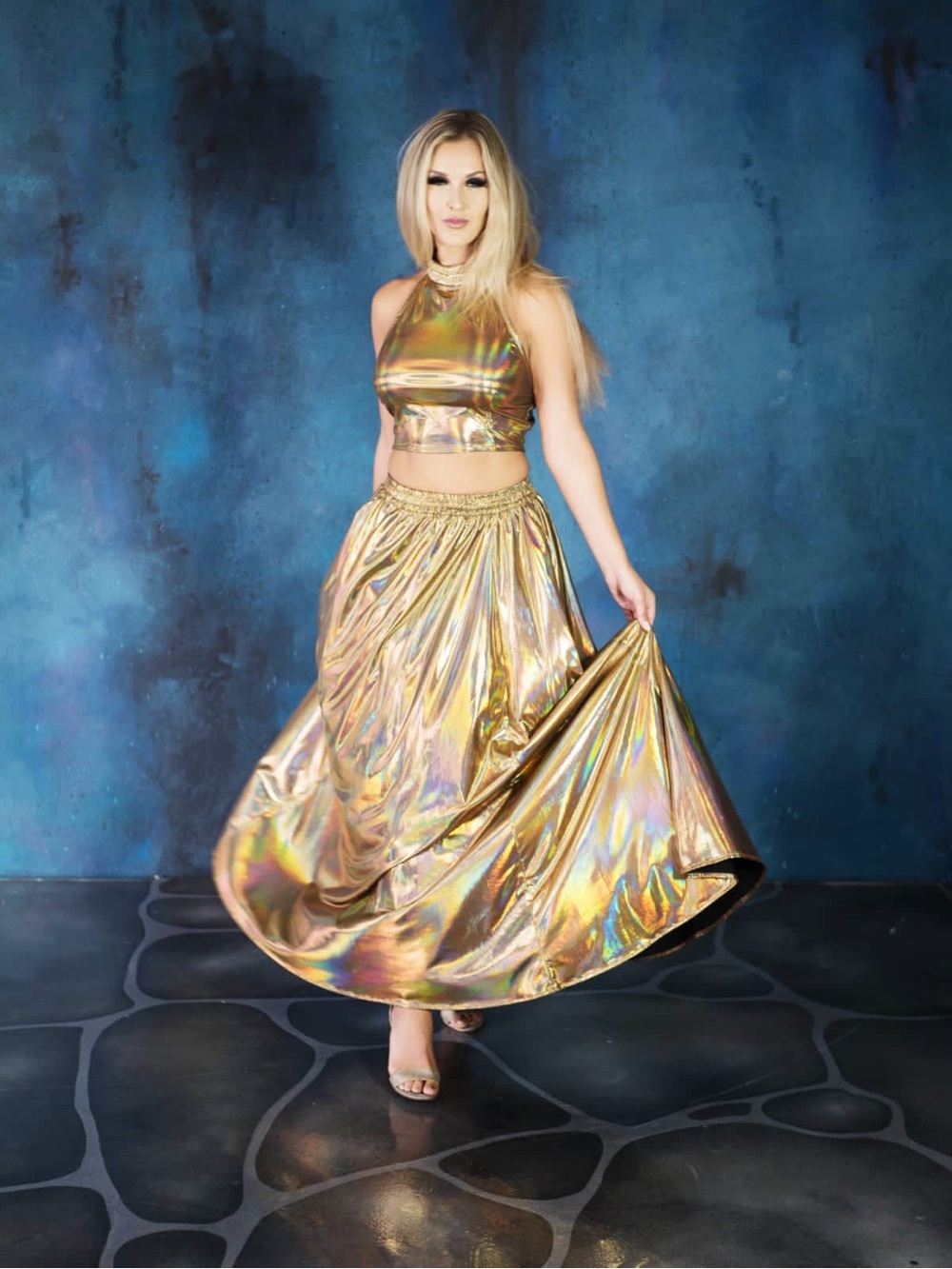 (Free t-shirt) Gold Holographic Maxi Skirt – High-Waist Evening Circle Skirt